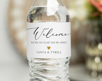 Gold Heart Wedding Water Bottle Labels: Welcome Bag Stickers