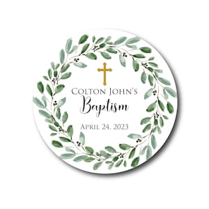 Baptism Stickers Greenery Baptism Favors Botanical Baptism Favor Labels Botanical Baptism Favor Stickers Olive Branch Eucalyptus Gold Cross