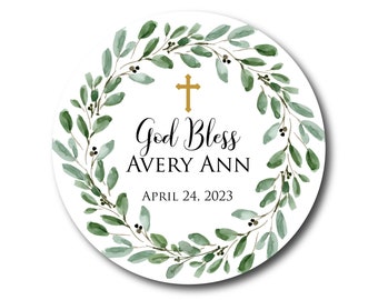 Baptism Stickers Greenery Baptism Favor Labels Botanical Olive Branch Eucalyptus Gold Cross First Communion Christening God Bless Wreath