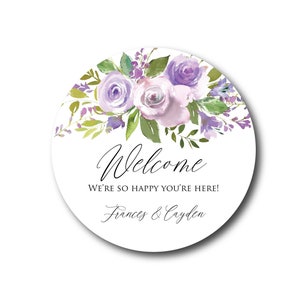 Wedding Welcome Stickers Welcome Bag Label Welcome Box Label Hotel Gift Bag Purple Floral Lavender Wedding Favor Welcome to Our Wedding