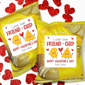 Pegatinas de San Valentín para el aula: pegatinas de San Valentín con forma de bolsa de patatas fritas, Amo a nuestro amigo Chip, regalos de fiesta para niños en la clase, San Valentín fácil de hacer