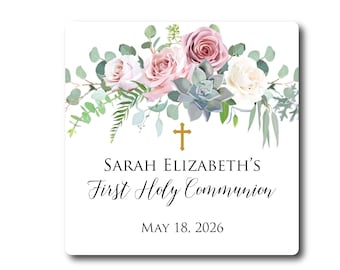 First Communion Labels - Blush Rose Floral Stickers First Holy Communion Favors Sticker Labels Greenery Communion Favors Baptism Stickers