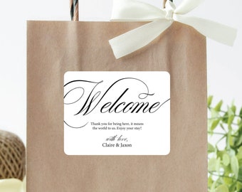 Wedding Welcome Labels -  Large Wedding Welcome Sticker, Minimalist Out of Town Hotel Guest Welcome Label, Gable Box label, Gift bag Sticker