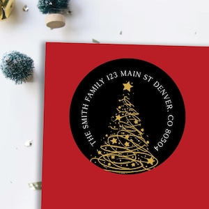 Kerstadresetiketten - klassieke gouden boomvakantiestickers, retouradresetiketten, kerstkaartstickers, zwart en goud