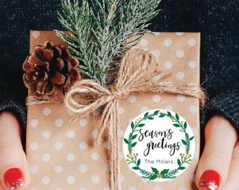 Season's Greetings Stickers - Christmas Label, Christmas Sticker, Christmas Gift Label, Christmas Gift Sticker, Christmas Tag, Wreath