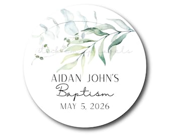 Baptism Stickers - Watercolor Baptism Favor Labels Botanical Eucalyptus First Communion Christening God Bless Greenery Communion Favors