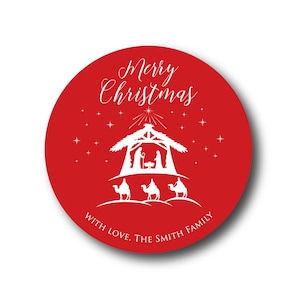 Christmas Sticker Personalized Gift Labels Nativity Scene Stickers Birth of Christ Christmas Stickers Baby Jesus Manger Stickers Holiday Red