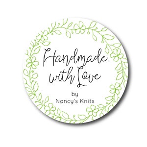 Made with Love Sticker Handmade Sticker Made with Love Label Etsy Shop Owner Shop Packaging Green Floral Wreath Handmade labels Handdrawn