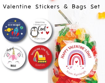 Valentines Stickers and Bags - Kids Valentine Stickers, Valentine Treat Bags, Valentine Favor Labels, Kids Valentines Ideas, Class Party