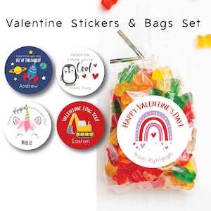 Valentine's Day Stickers and Bags - Kids Valentine's Stickers, Treat Bags, Valentine Favor Labels, Kids Valentines Ideas, Class Party