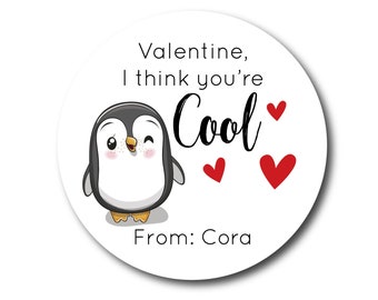 Valentine Stickers Penguin Stickers Kids Valentines Day Sticker Valentine Labels Classroom Party Treat Bag Favor I think you're cool
