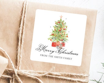 Weihnachtsgeschenkanhänger - Aquarell Weihnachtsbaum Aufkleber, Vintage Retro klassisches Design, Weihnachtsgeschenkanhänger Aufkleber, frohe Weihnachten