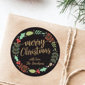 Christmas Gift Label Merry Christmas Sticker Christmas Gift Sticker Christmas Tag Black Gold Stickers Hand Drawn Holiday Label Wreath