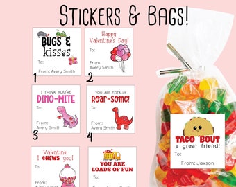 Valentine's Day Stickers and Bags - Write in labels for Valentine's Treat Bags, Favor Labels, Kids Square Label Candy Bags for Class Party