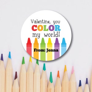 Color My World Valentine Stickers - Classroom Party Favors, Valentine Stickers, Rainbow Valentine, Crayon Art Supplies Valentines Favor Idea