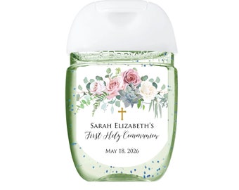 Hand Sanitizer Labels - Pink Rose Baptism Favors First Communion Sanitizer Label Favors Mi Bautizo Favors Hand Sanitizers for Baptism