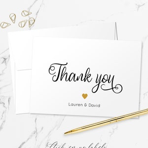 Jeu de cartes de remerciement - cartes de correspondance personnalisées coeur or tourbillonnant avec enveloppes TY107