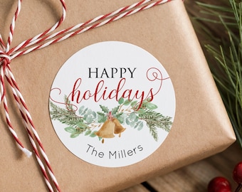 Happy Holidays Christmas Gift Labels Christmas Gift Stickers Christmas Tags Christmas Stickers Gift Labels Envelope Seals Watercolor Bell