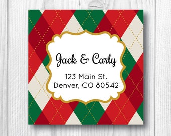 Christmas Address Labels Personalized Return Address Labels Holiday Address Labels Christmas Argyle Stickers Square Address Labels Red Gold
