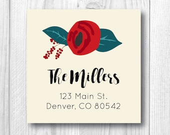 Return Address Labels Holiday Address Labels Christmas Address Labels Personalized Christmas Card Labels Red Floral Address Labels Rose