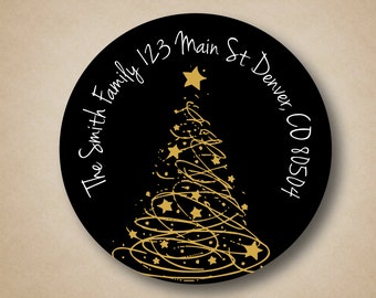 Gold Tree Black Address Labels Custom Christmas Address Labels Round Holiday Labels Personalized Return Address Label Stickers Modern