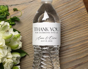 Wedding Water Bottle Label - Thank You Sticker, Printed Beverage Labels, Waterproof Labels for Reception, Minimalist Modern Design