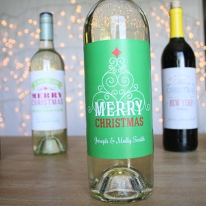 Merry Christmas Wine Label Green Tree Wine Labels Personalized Wine Gift Corporate Wine Gift Custom Wine Labels Wine Label Stickers