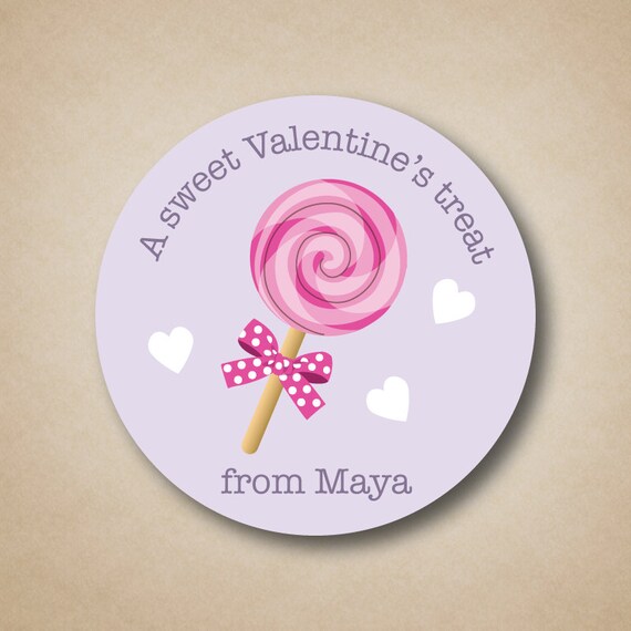 Personalized Valentines Day Stickers Girls Pink Purple Treat Labels Lollipop Candy with Hearts Custom Design Favor Labels Il_570xn