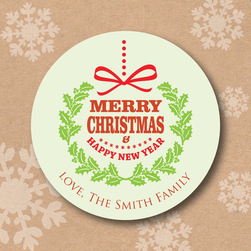 Christmas Stickers Personalized Round Holiday Gift Labels Merry Christmas Happy New Year Wreath Sticker Custom Holiday Present Labels