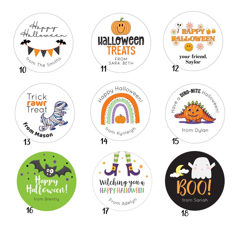 May include: Set of 8 Halloween themed round stickers with various designs and text. The stickers feature a pumpkin, a rainbow, a dinosaur, a ghost, a bat, and witch's legs. The text on the stickers includes "Happy Halloween", "Halloween Treats", "Trick rawr Treat", "Have a Dino-mite Halloween", "Boo!" and "Witching you a Happy Halloween".