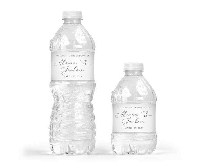 May include: Two clear plastic water bottles with white labels. The labels have black text that reads "Welcome to the wedding of Alrine & Jackson March 15, 2028".