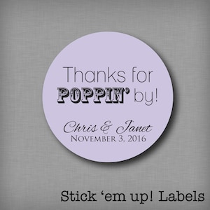 Thanks for Poppin By Wedding Favor Stickers Popcorn Favors Labels Personalized Bridal Shower Sticker