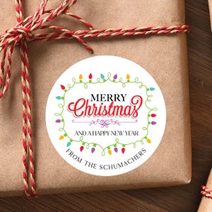 Adesivi natalizi - Etichette stravaganti di Buon Natale e Felice Anno Nuovo, Etichette personalizzate per regali di Natale con luci natalizie