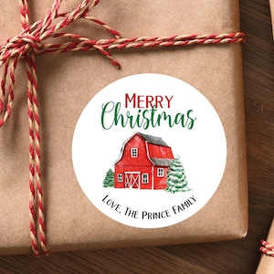 クリスマス ステッカー - レッド バーン ホリデー ラベル、カントリー クリスマス、ファーム ハウス ホリデー ギフト ラベル、パーソナライズされたプレゼント ステッカー