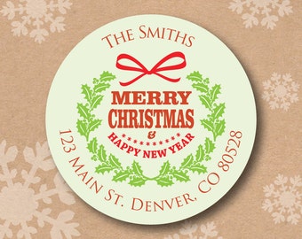 Christmas Address Labels Return Address Label Red and Green Holly Wreath Christmas Card Envelope Seals