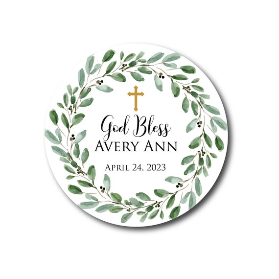 Baptism Stickers Greenery Baptism Favor Labels Botanical Olive Branch Eucalyptus Gold Cross First Communion Christening God Bless Wreath Il_570xn