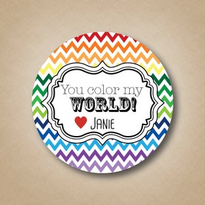 You Color My World Valentine Favor Stickers Crayon Favor Label Rainbow Chevron Stickers Custom Valentine Labels Kids Valentine Stickers Tags image 2