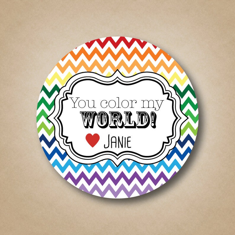 You Color My World Valentine Favor Stickers Crayon Favor Label Rainbow Chevron Stickers Custom Valentine Labels Kids Valentine Stickers Tags image 2