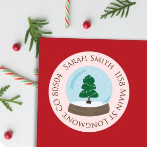 Christmas Address Labels - Pink Tree Return Address Label, Holiday Snowglobe, Christmas Tree Cottage Stickers
