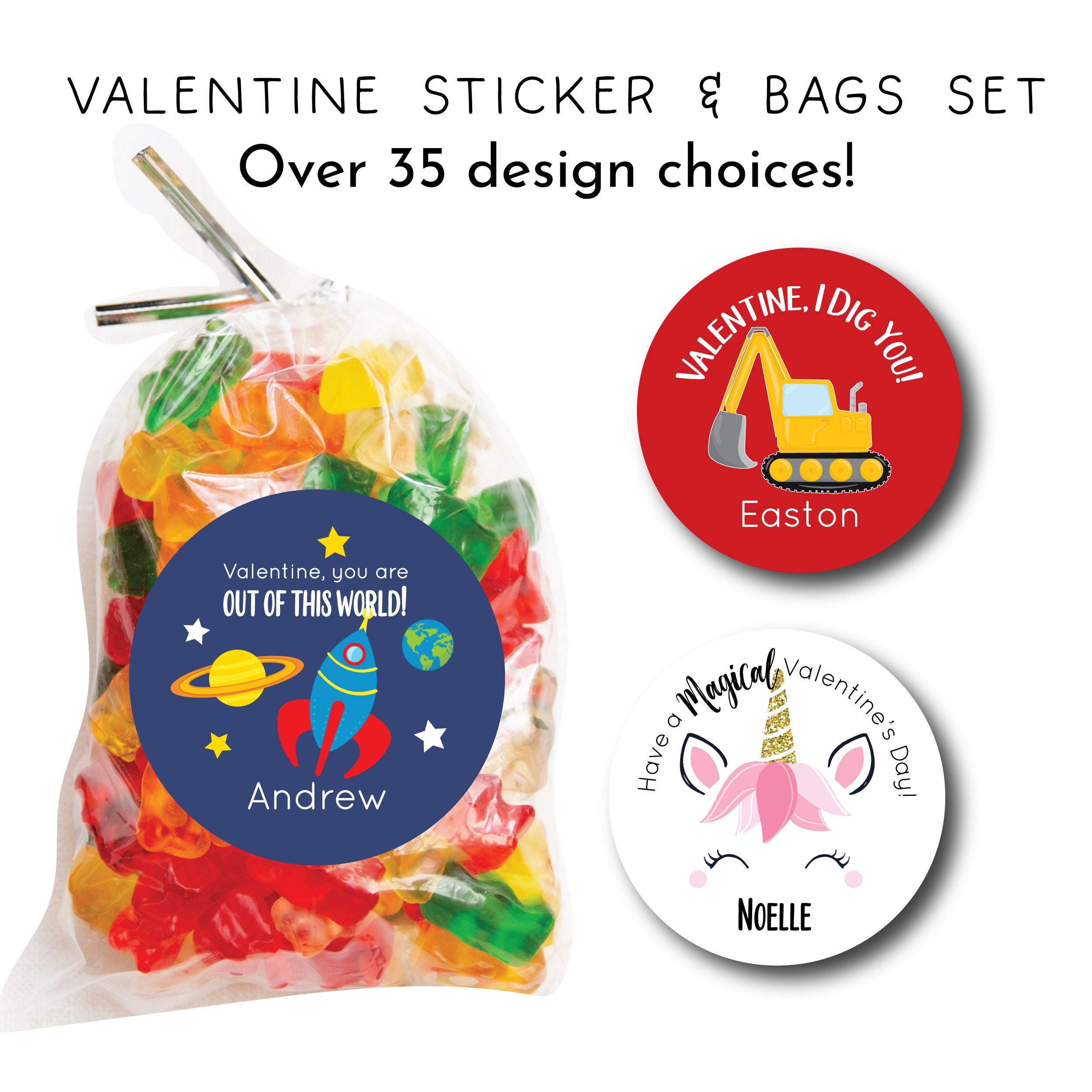 Valentines Stickers and Bags Choice of Kids Valentine Stickers, Clear  Cellophane Treat Bags, Valentine Favor Labels, Kids Valentines Ideas 