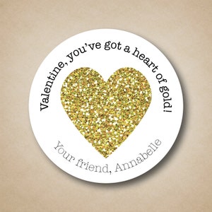 Gold Glitter Heart Valentines Stickers Heart of Gold Favor Labels Valentines Party Favors Custom Treat Stickers Round Labels