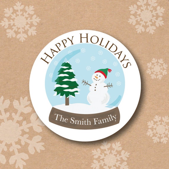 Personalized Christmas Stickers Snowglobe Snowman Winter Scene Happy Holidays Custom Round Gift Labels Snow Globe Stickers Il_570xn