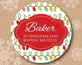 Christmas Address Labels Return Address Label Fun Holiday Lights Stickers Round Christmas Card Envelope Seals