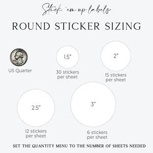 May include: A guide to round sticker sizing, showing the size of each sticker in inches and the number of stickers per sheet. The guide uses a US quarter as a visual reference for the smallest sticker size.