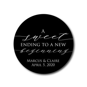 May include: A black and white round sticker with the text "A sweet ending to a new beginning" and the names "Marcus & Claire" and the date "April 5, 2020".