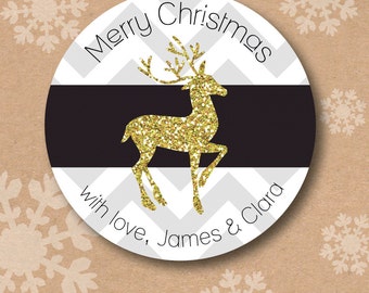 Glitter Christmas Sticker Holiday Labels Personalized Sticker Tags Christmas Sticker Label Deer of Tree Modern Grey Chevron Design