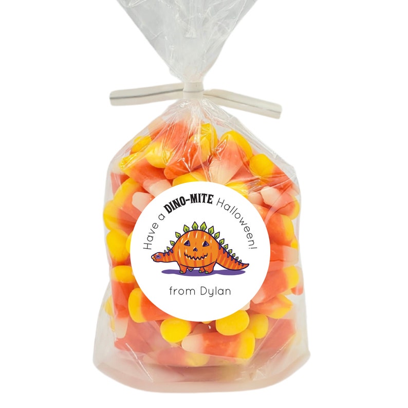 May include: A white circle sticker with a cartoon dinosaur wearing a jack-o-lantern face. The sticker says "Have a Dino-Mite Halloween! from Dylan".