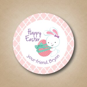Girls Pink Easter Sticker Cute Bunny with Easter Egg Pink and Purple Easter Label Easter Party Favors Round Sticker Happy Easter Sticker