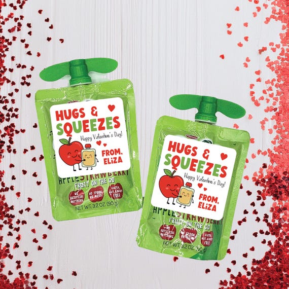 Classroom Valentine Sticker - Hugs and Squeezes Valentine Sticker, Applesauce Pouch Labels for Kid's Awesomesauce, Daycare Preschool Party