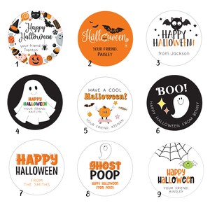 May include: Nine different Halloween themed stickers with various designs and text. The stickers feature ghosts, pumpkins, bats, spiders, and candy. The text on the stickers includes "Happy Halloween", "Boo!", "Ghost Poop", and "Have a Cool Halloween!"